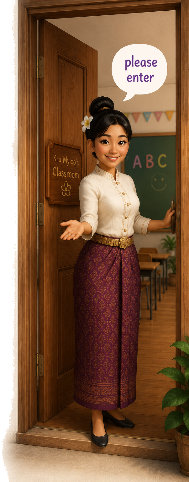 Kru Myloo welcoming visitors at the classroom door